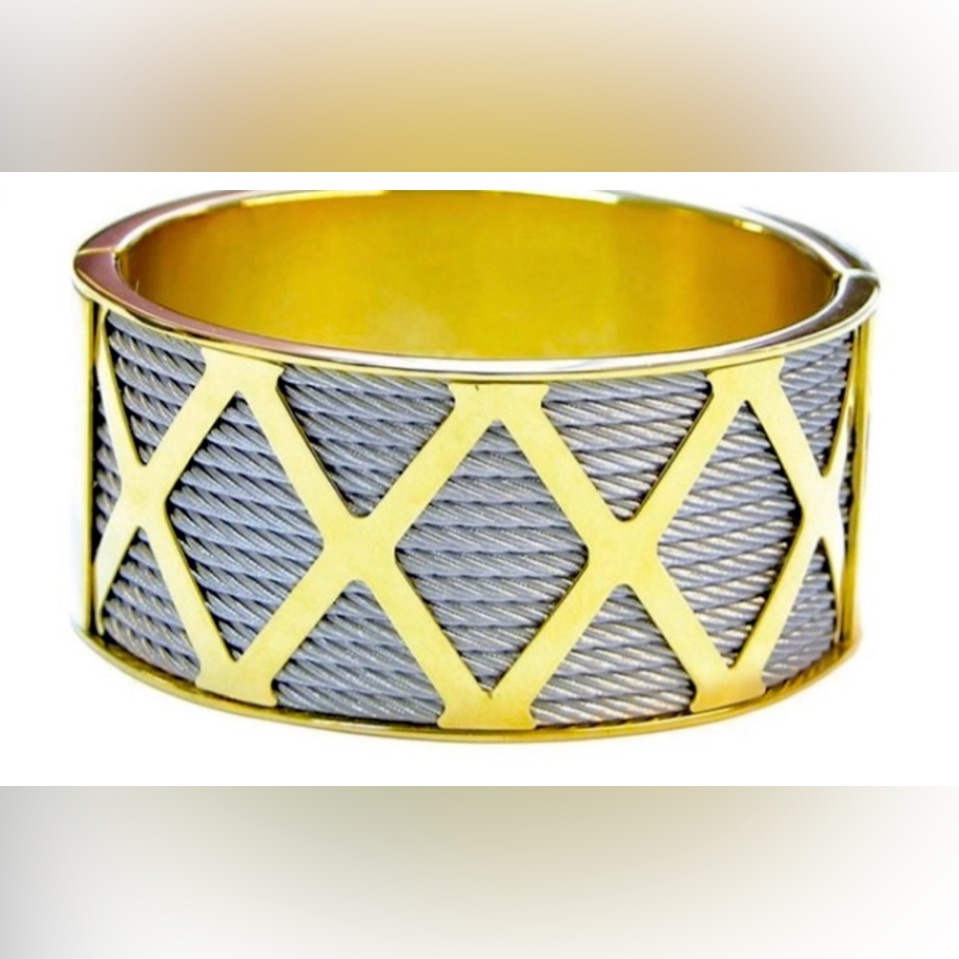 Authentic Charriol Gold And Silver Toned Cuff Bracelet With Lattice Desi